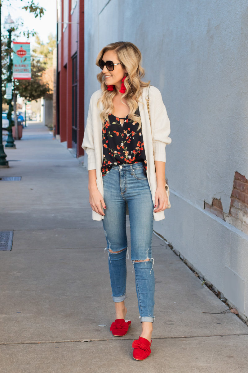 Red Mules White Sweater outfit