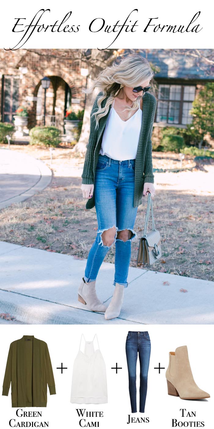 Green cardigan tan bootie outfit formula