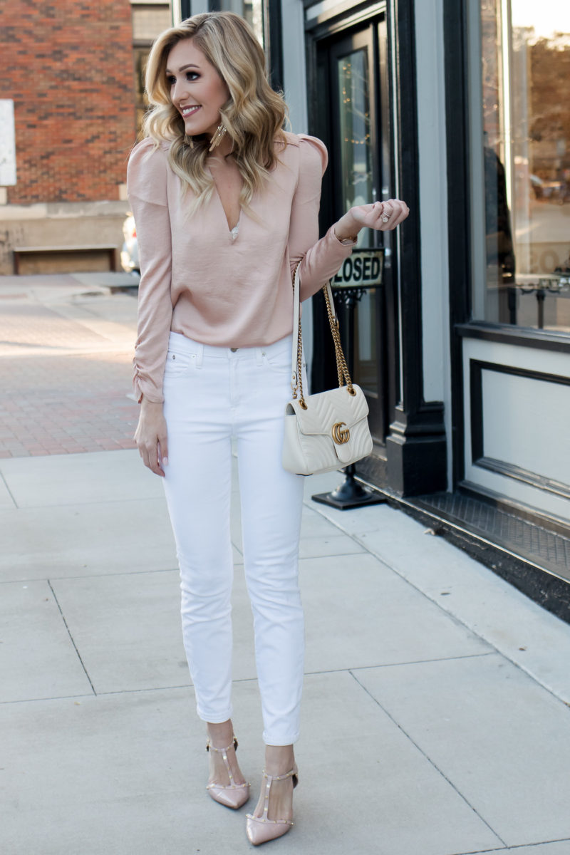 Women's Fashion Pink Blouse White Jeans Gucci Marmont Bag